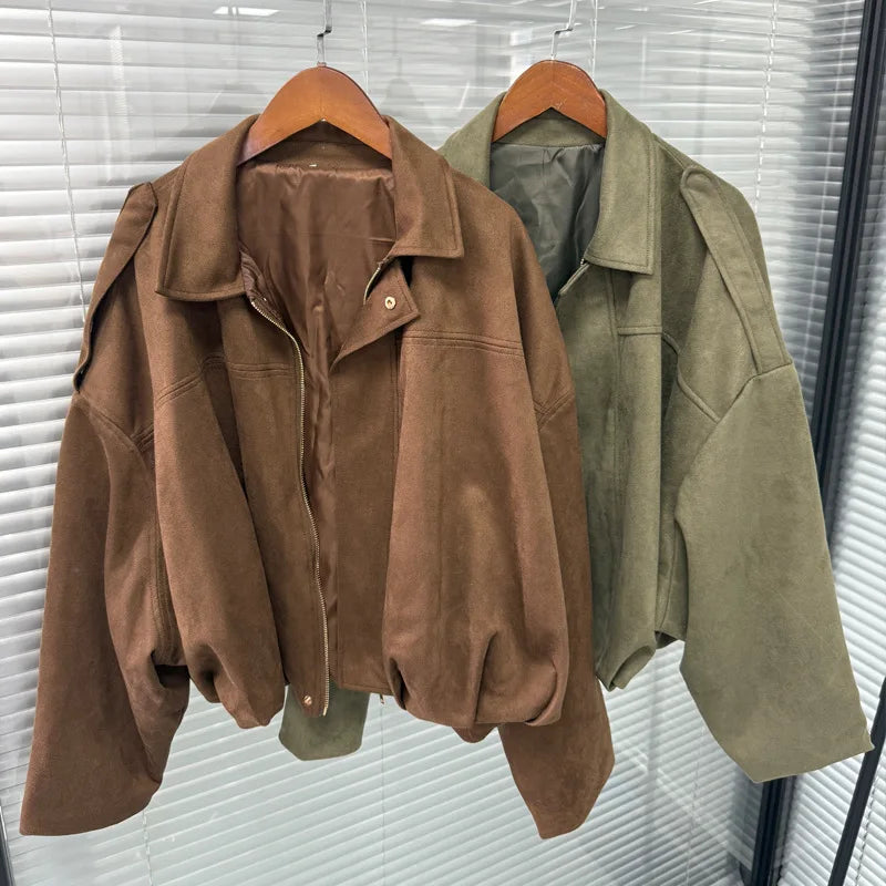 Retro Style Suede Jacket Zipper Collar Outerwear for Women Medium Thickness Long Sleeve Street Fashion Loose Fit Autumn Winter