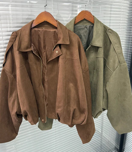 Women's Suede Jacket Outerwear Pilots Style Zipper Closure Medium Thickness Loose Fit Street Style Pure Color Casual Coat