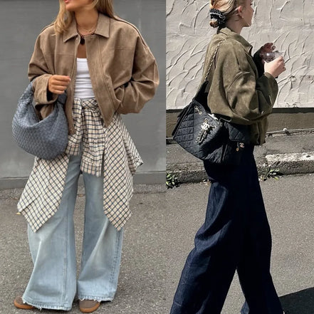 Women's Suede Jacket Outerwear Pilots Style Zipper Closure Medium Thickness Loose Fit Street Style Pure Color Casual Coat