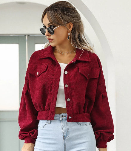 Autumn Cropped Corduroy Jackets Overcoat Single Breasted Lantern Sleeve Coats Women Fashion Vintage Winter Women Jacket 18047
