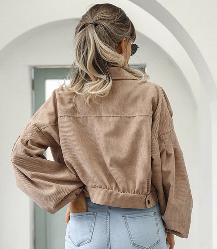 Autumn Cropped Corduroy Jackets Overcoat Single Breasted Lantern Sleeve Coats Women Fashion Vintage Winter Women Jacket 18047