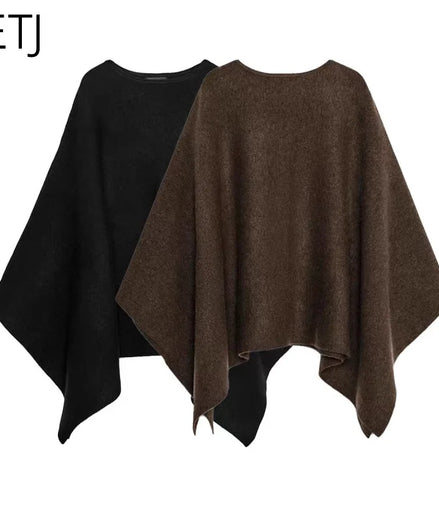 ETJ 2025 women's new fashion oversized loose version of the round neck cape sweater solid color bat sleeve sweater