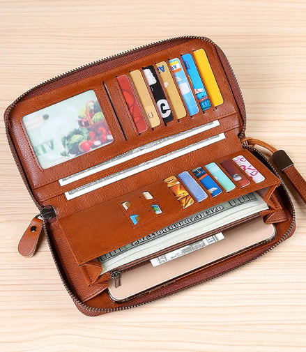 Men's leather wallet long new soft cowhide handbag travel light luxury simple large capacity anti-theft brush gradient color yel