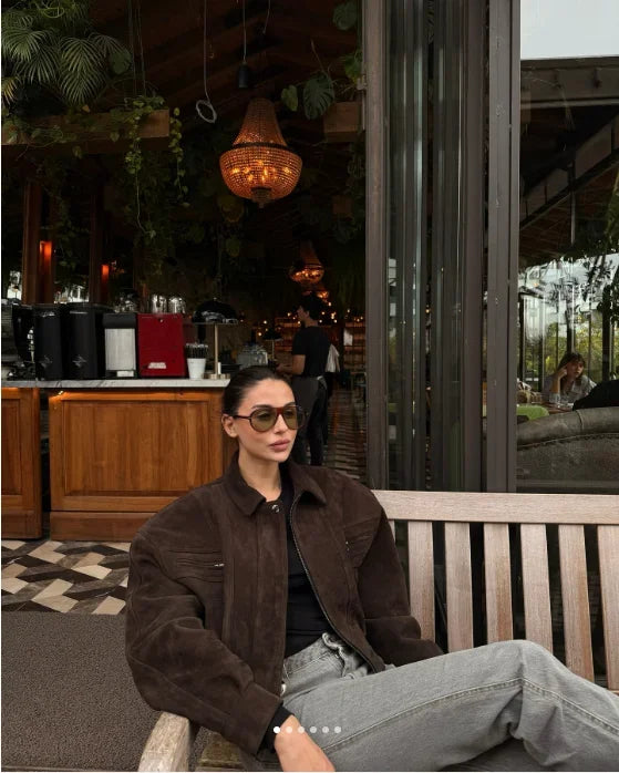 Retro Brown Suede Lapel Zippered Short Jackets Women's Casual Full Sleeves Pocket Loose Coats 2026 Spring Daily Commute Outwear