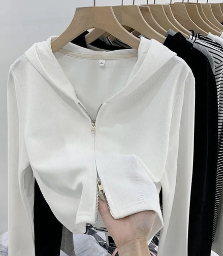 Women's Cardigan Hooded Short Jacket Double Zipper Slimming Design Simple Autumn Winter Outerwear Casual Fashion Style