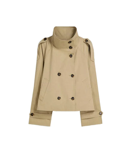 Belted Waist Cropped Trench Double Breasted Stand Collar 2025 Autumn Chic Elegant Women Coat Casual Vintage Office Lady Jacket