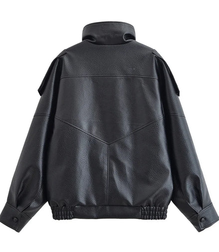 Women's Jacket Fall 2025 New Black Long Sleeve Pebble Faux Leather Jacket Motorcycle Style Personality Fashion
