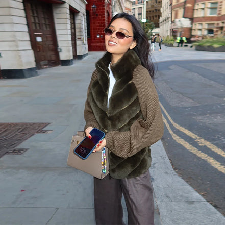 Knit Long Sleeve Faux Fur Patchwork Jacket Coat Women Zipper 2025 Winter Fashion Warm Female Cardigans Commute Lady Outwear Tops