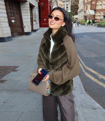 Knit Long Sleeve Faux Fur Patchwork Jacket Coat Women Zipper 2025 Winter Fashion Warm Female Cardigans Commute Lady Outwear Tops