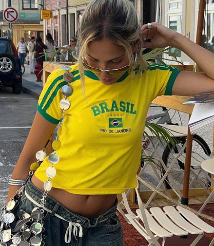 2023 Summer T-shirt For Women Brazil Letter Aesthetic 90's Crop Tops Casual Short Sleeve Tee Kpop Streetwear Vintage Y2k Clothes