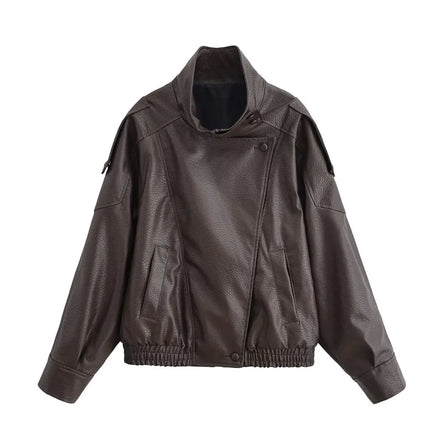 HH Autumn Faux Leather Jacket For Women Casual Solid Long Sleeve Zipper Pu Leather Coats New Fashion Female Streetwear