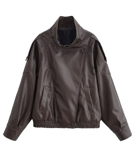HH Autumn Faux Leather Jacket For Women Casual Solid Long Sleeve Zipper Pu Leather Coats New Fashion Female Streetwear