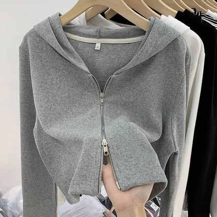 Women's Cardigan Hooded Short Jacket Double Zipper Slimming Design Simple Autumn Winter Outerwear Casual Fashion Style