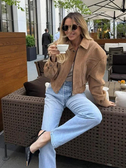 Retro Brown Suede Lapel Zippered Short Jackets Women's Casual Full Sleeves Pocket Loose Coats 2026 Spring Daily Commute Outwear