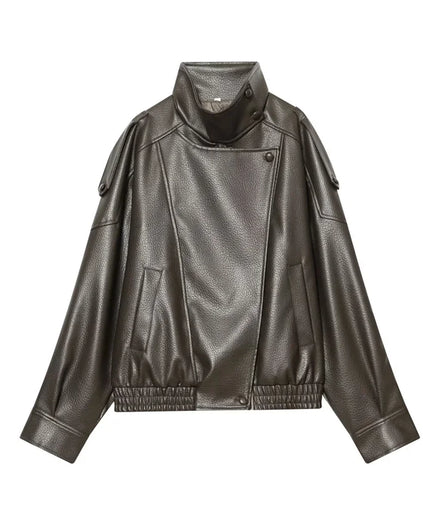 Women's Jacket Fall 2025 New Black Long Sleeve Pebble Faux Leather Jacket Motorcycle Style Personality Fashion
