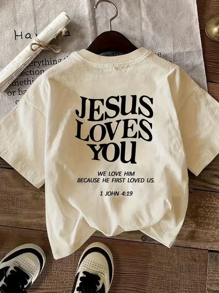 2026 New Women's Round Neck Letter Print Fashion Short Sleeve Casual T-Shirt, "Jesus Loves You" Round Neck Short Sleeve Tee