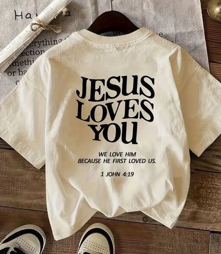 2026 New Women's Round Neck Letter Print Fashion Short Sleeve Casual T-Shirt, "Jesus Loves You" Round Neck Short Sleeve Tee