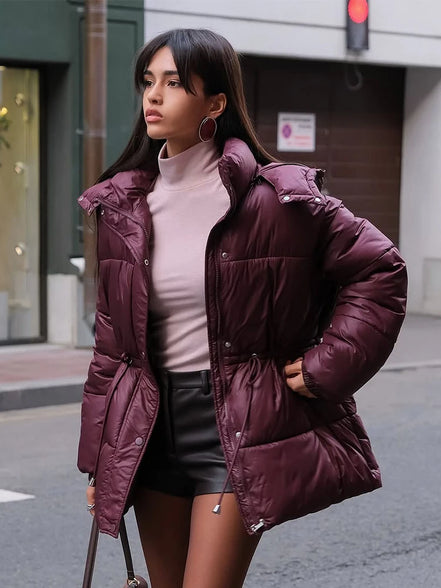 Women Solid Thicken Cotton Jacket Casual Stand Collar Zipper Long Sleeve Lace Up Loose Warm Coat Winter Lady Daily Street Coats