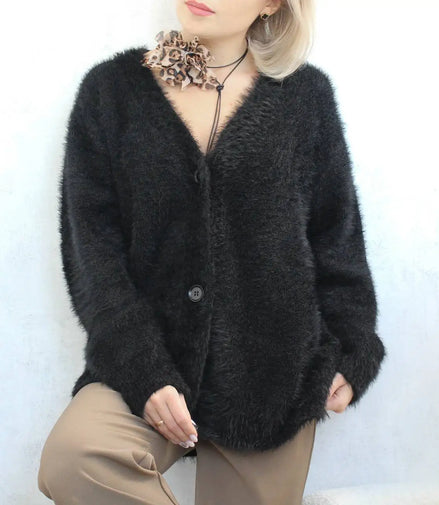 Loose Long Sve Knitted Cardigan Faux Mink Coat Sle Comfortable Fit Women's Premium Quali A-Line Knitwear V-Ne Button up