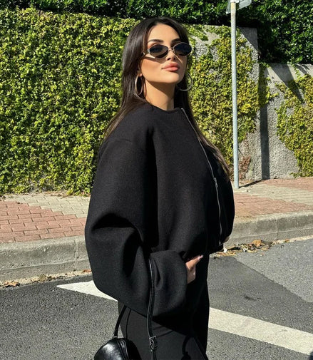MUJER Black Bomber Jackets for Women Zipper Varsity Jackets Women Soft Cropped Jackets Woman 2025 Long Sleeve Winter Coat Female