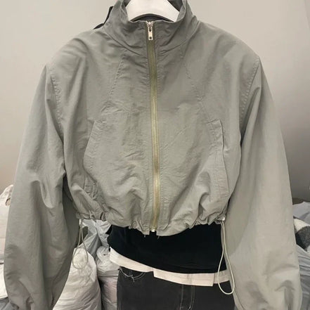 2024 Autumn Vintage Women's Windbreaker Cropped Jackets Harajuku Oversized Streetwear Long Sleeve Fashion Female Elegant Top