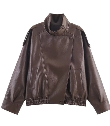 Women's Jacket Fall 2025 New Black Long Sleeve Pebble Faux Leather Jacket Motorcycle Style Personality Fashion