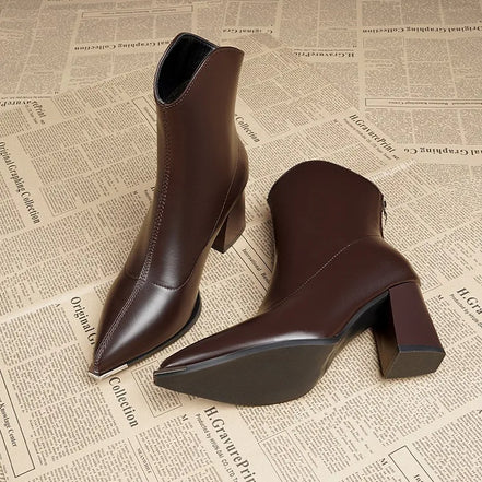 Women Leather Boots Luxury Pointed Brand Toe Chelsea Ankle Boots Trendy High Heels Zipper Goth Pumps Shoes French Women's Boots