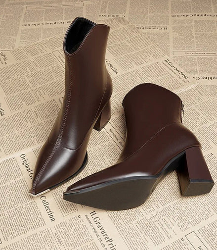 Women Leather Boots Luxury Pointed Brand Toe Chelsea Ankle Boots Trendy High Heels Zipper Goth Pumps Shoes French Women's Boots