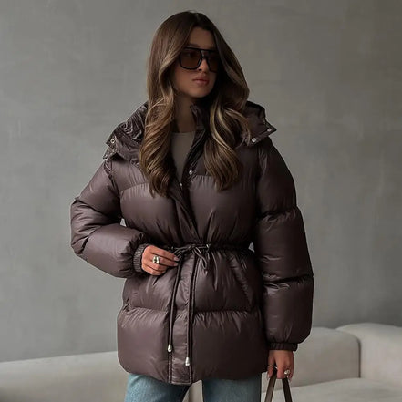 Women Solid Thicken Cotton Jacket Casual Stand Collar Zipper Long Sleeve Lace Up Loose Warm Coat Winter Lady Daily Street Coats