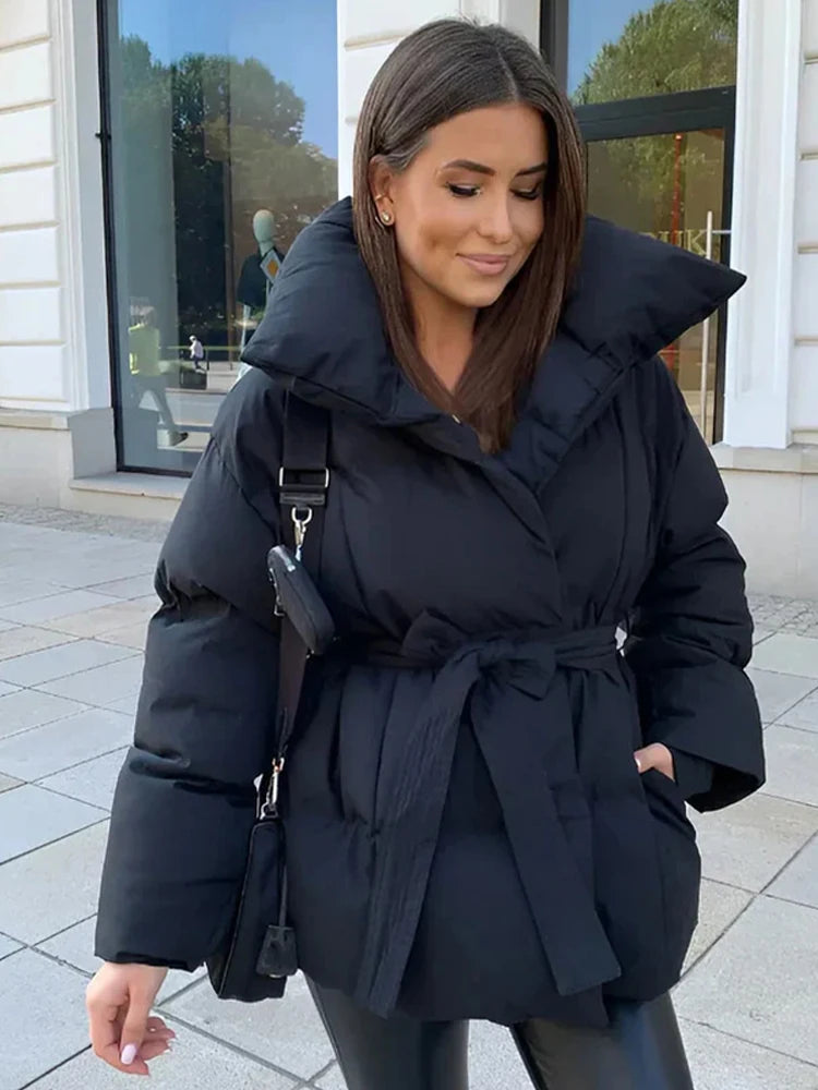 Women Solid Thicken Cotton Jacket Casual Stand Collar Zipper Long Sleeve Lace Up Loose Warm Coat Winter Lady Daily Street Coats