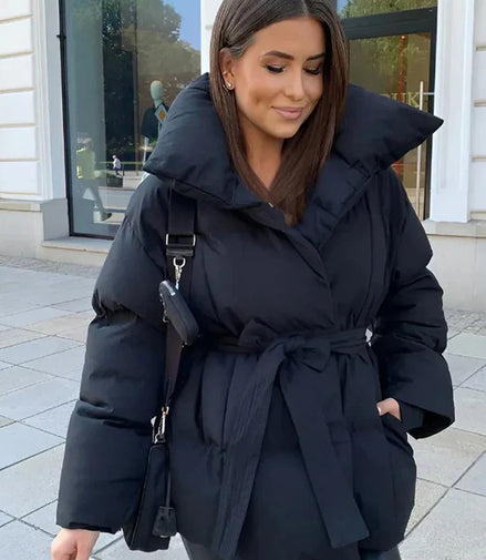 Women Solid Thicken Cotton Jacket Casual Stand Collar Zipper Long Sleeve Lace Up Loose Warm Coat Winter Lady Daily Street Coats