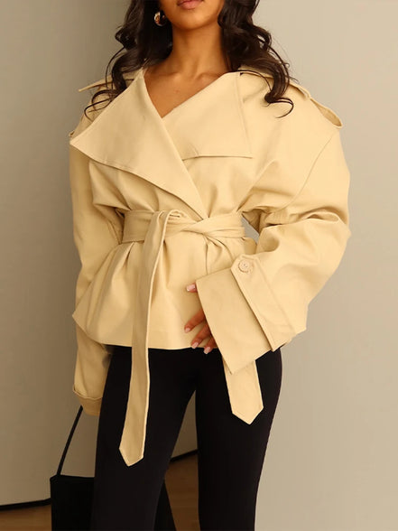 Belted Waist Cropped Trench Double Breasted Stand Collar 2025 Autumn Chic Elegant Women Coat Casual Vintage Office Lady Jacket