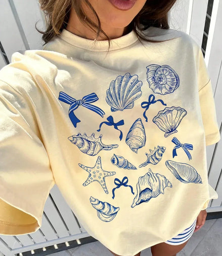 Summer American Retro Y2k Marine Animal Conch Bow Pattern T-shirt Women's Loose Round Neck Street Clothing Half-sleeved Top