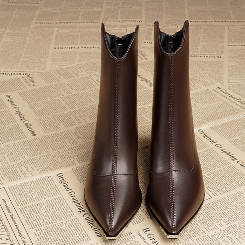 Women Leather Boots Luxury Pointed Brand Toe Chelsea Ankle Boots Trendy High Heels Zipper Goth Pumps Shoes French Women's Boots