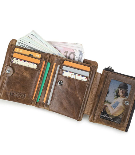 Genuine Leather Men Wallet with Coin Pocket Vintage Hasp Mens Wallets with Card Holder Luxury Brand Short Zip Coin Purse for Men