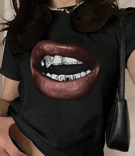 Summer Sporty T-Shirts Lip Printed Female Clothing Short Sleeve O-neck Tees Funny Women T Shirt Vintage Unisex Tops
