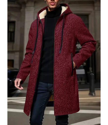 Men's Winter Warm Long Coat Zipper Jacket Zip Windbreaker Thick Fleece Windproof Overcoat Casual Contrast Color Hooded Jacket