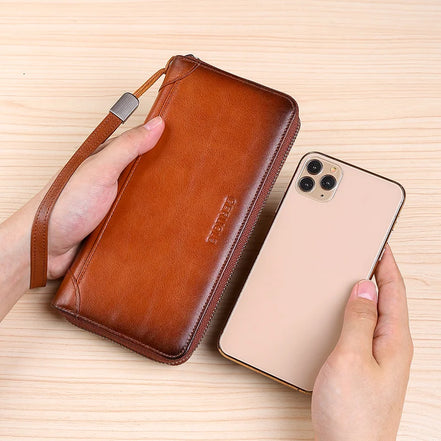 Men's leather wallet long new soft cowhide handbag travel light luxury simple large capacity anti-theft brush gradient color yel