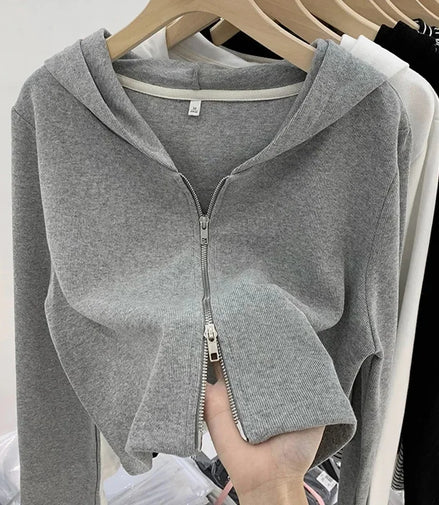 Women's Cardigan Hooded Short Jacket Double Zipper Slimming Design Simple Autumn Winter Outerwear Casual Fashion Style