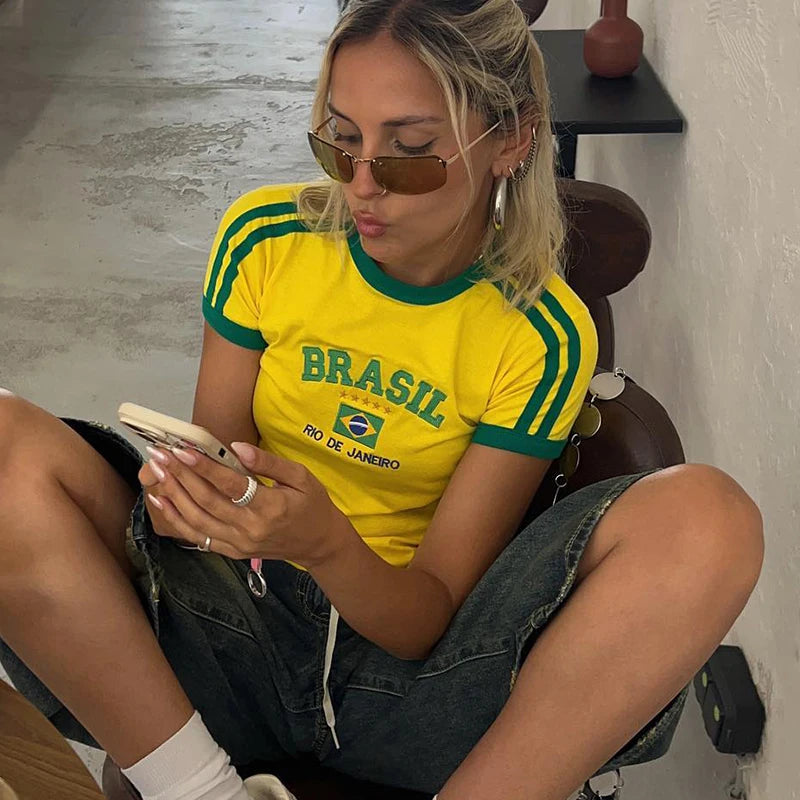2023 Summer T-shirt For Women Brazil Letter Aesthetic 90's Crop Tops Casual Short Sleeve Tee Kpop Streetwear Vintage Y2k Clothes