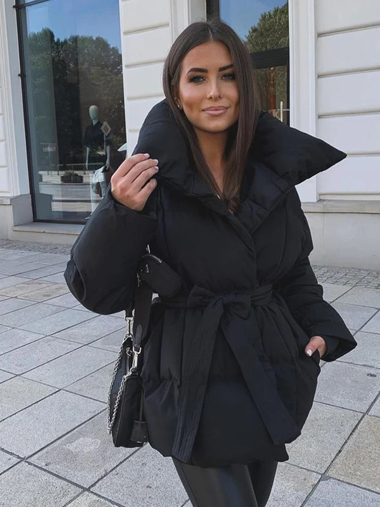 Women Solid Thicken Cotton Jacket Casual Stand Collar Zipper Long Sleeve Lace Up Loose Warm Coat Winter Lady Daily Street Coats