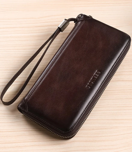 Men's leather wallet long new soft cowhide handbag travel light luxury simple large capacity anti-theft brush gradient color yel