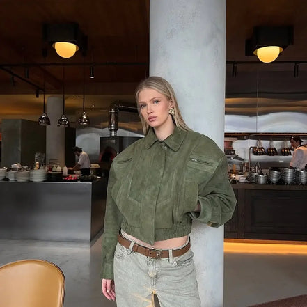 Retro Brown Suede Lapel Zippered Short Jackets Women's Casual Full Sleeves Pocket Loose Coats 2026 Spring Daily Commute Outwear