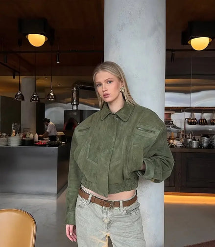 Retro Brown Suede Lapel Zippered Short Jackets Women's Casual Full Sleeves Pocket Loose Coats 2026 Spring Daily Commute Outwear