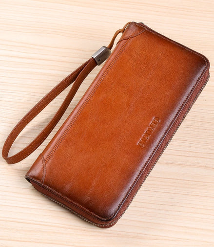 Men's leather wallet long new soft cowhide handbag travel light luxury simple large capacity anti-theft brush gradient color yel