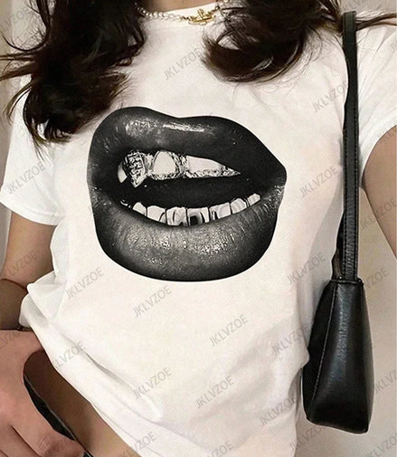 Summer Sporty T-Shirts Lip Printed Female Clothing Short Sleeve O-neck Tees Funny Women T Shirt Vintage Unisex Tops