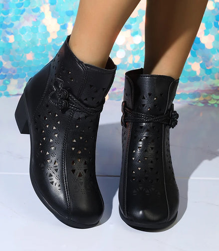 2025 Summer New Women's Fashion Hollow-Out Soft Sole Mid-Heel Ankle Boots, Retro Breathable Comfortable Shoes