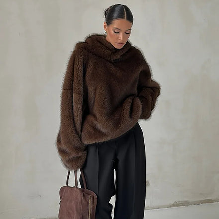 Women's Brown Faux Fur Coat With Hood Oversized Luxurious Long Sleeve Pocket Jacket Lady 2025 Fall Winter Chic Street Outerwear