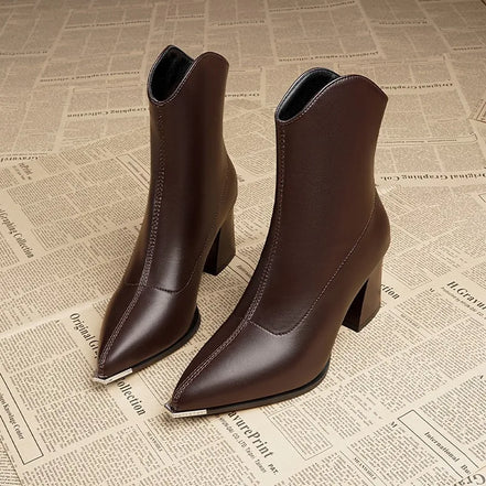 Women Leather Boots Luxury Pointed Brand Toe Chelsea Ankle Boots Trendy High Heels Zipper Goth Pumps Shoes French Women's Boots