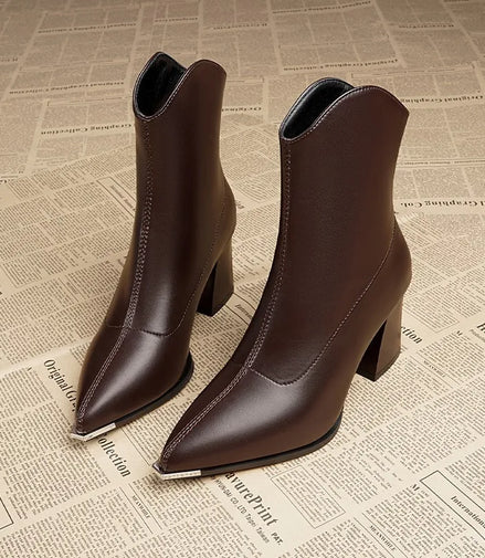 Women Leather Boots Luxury Pointed Brand Toe Chelsea Ankle Boots Trendy High Heels Zipper Goth Pumps Shoes French Women's Boots